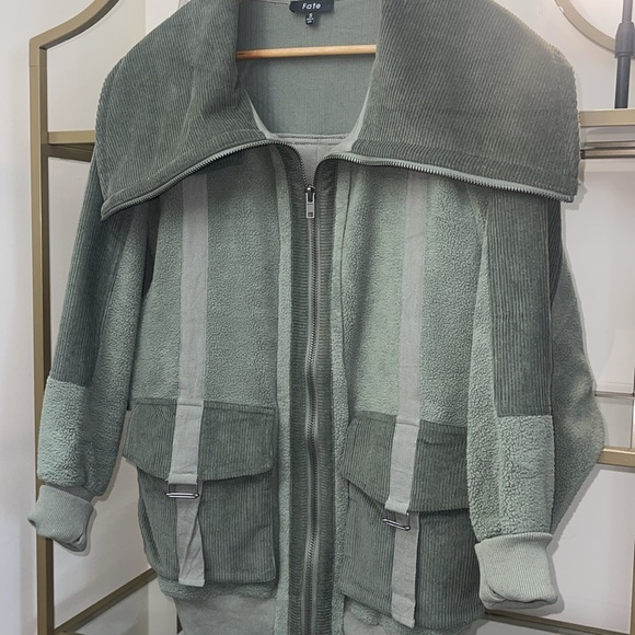 FATE Sherpa Collar Corduroy Zip Up Jacket in Olive - Picture 4 of 6